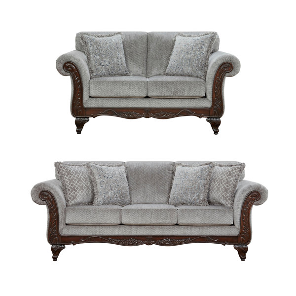 Astoria Grand Halima Carved Wood Frame Gray Sofa And Loveseat Set Wayfair